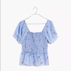 Madewell Smocked Floral Flutter-Sleeve Top